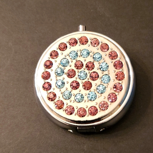 NEW Bejeweled Pillbox, Pink & Blue Crystals, Silver-tone - Picture 3 of 8